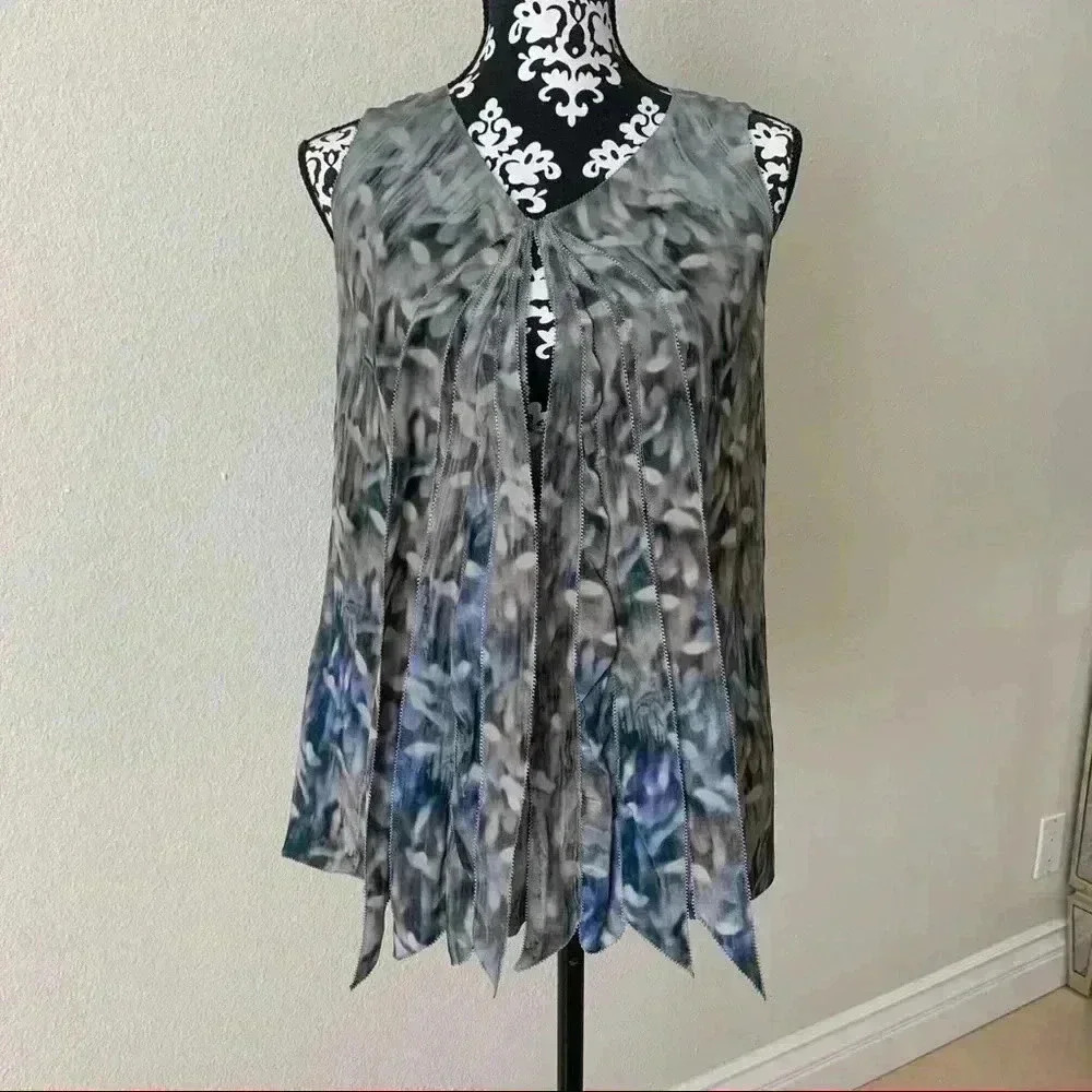 Nina Ricci silk printed blue grey watercolor sleeveless blouse top size L pleat